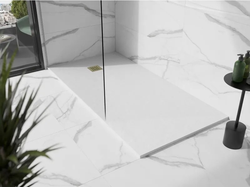 Mexen Stone+, štvorcová vanička z minerálneho kompozitu 160 x 100 cm, biela, zlatá lesklá krytka, 44101016-G