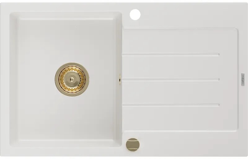 Mexen Bruno, granitový drez 795x495x200 mm, 1-komorový, biela so zlatým sifónom, 6513791010-20-G