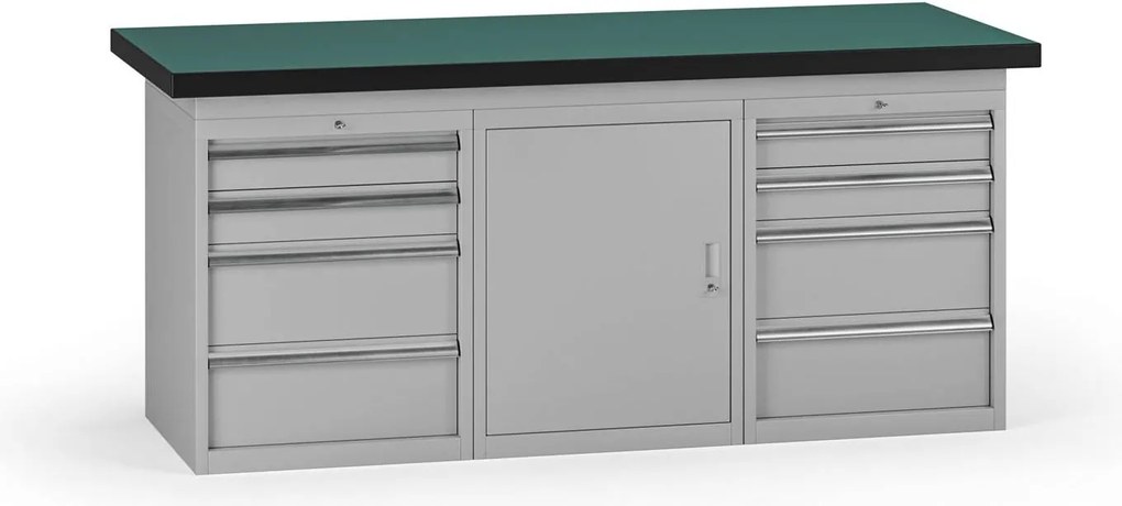 Pracovný stôl do dielne G8, 1800 x 750 x 800 mm, 1x skříňka, 2x kontejner, 8 zásuvek, sivá