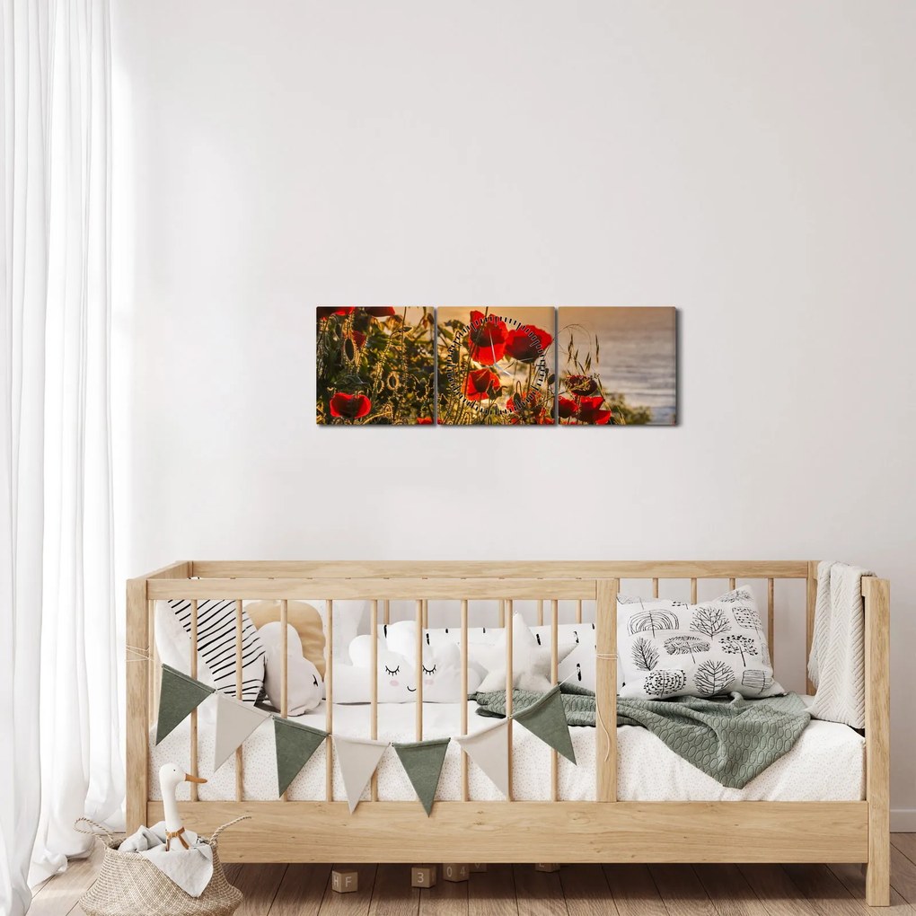 Obraz západu slnka s vlčími makmi (s hodinami) (90x30 cm)