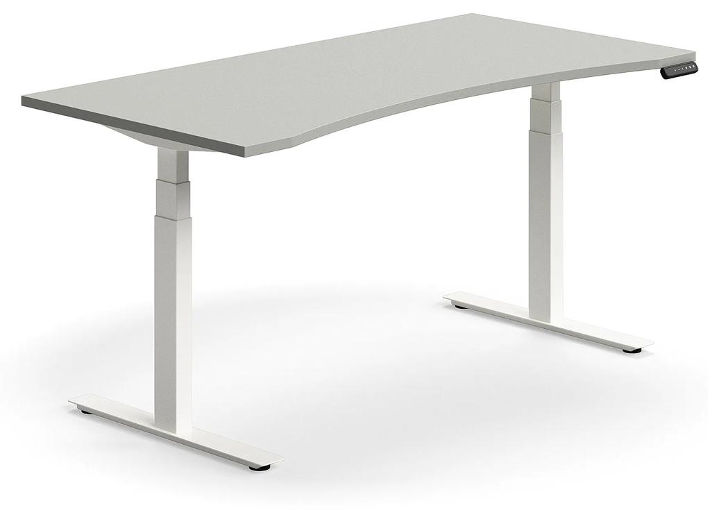 Výškovo nastaviteľný stôl QBUS, s výrezom, 1600x800 mm, biely rám, svetlošedá