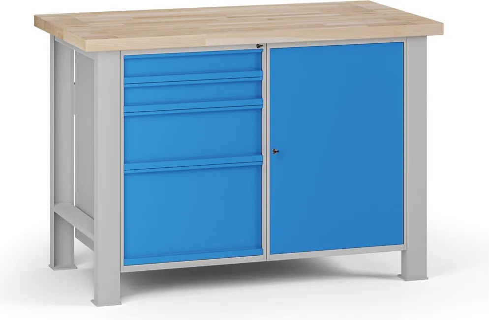 Dielenský pracovný stôl G7, buková škárovka, 1200 x 685 x 840 mm, 1x skrinka, 4 zásuvky, modrá