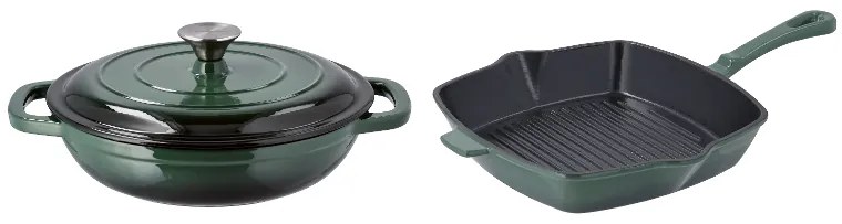 Silvercrest®  Liatinová servírovacia panvica, 2,4 l, zelená + Liatinová grilovacia panvica, 24 cm, zelená  (800011482)