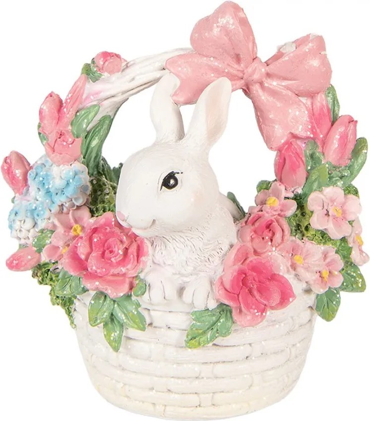 Dekorácia biely zajačik v košíčku s kvetmi - 15*9*16 cm