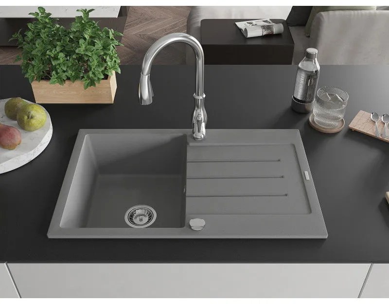 Mexen Bruno, 1-komorový granitový drez 795x495x200 mm a drezová batéria Savita, šedá, 6513-71-672601-00