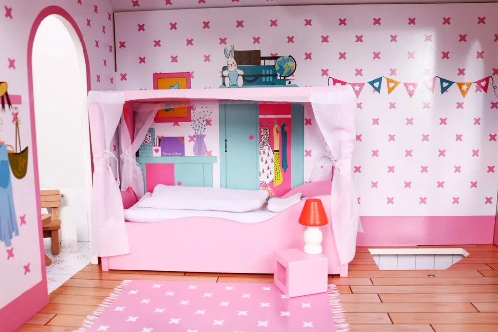 Veľký drevený domček pre bábiky ružovej farby pre deti od 3 rokov, doplnky, nábytok + 3 poschodia