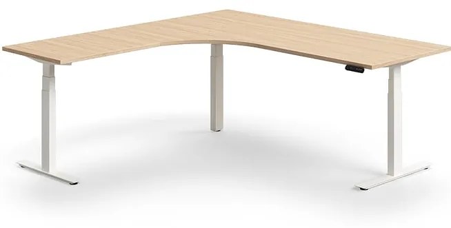 Výškovo nastaviteľný stôl QBUS, rohový, 2000x2000 mm, biely rám, dub