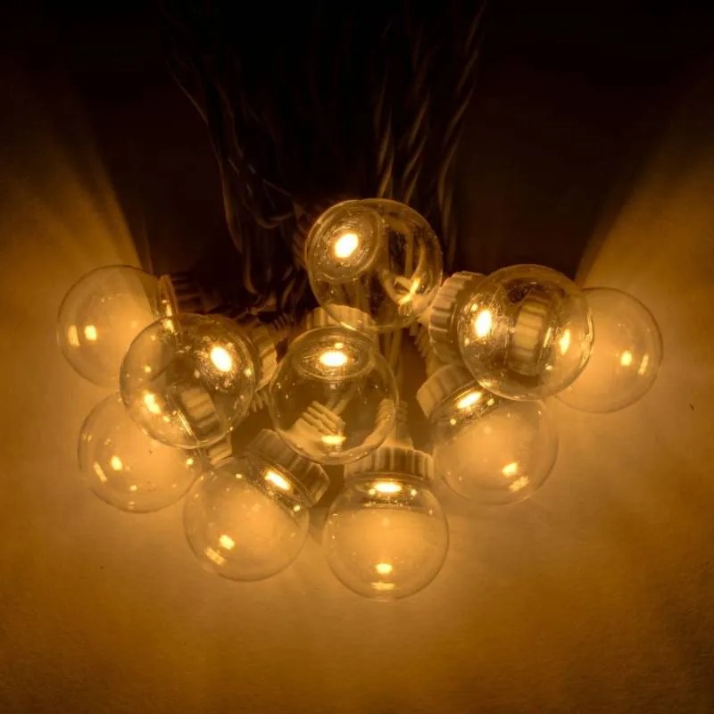 DECOLED Solárne párty osvetlenie, 5 m, 10 teplých bielych LED diód, priehľadné žiarovky, transparentné