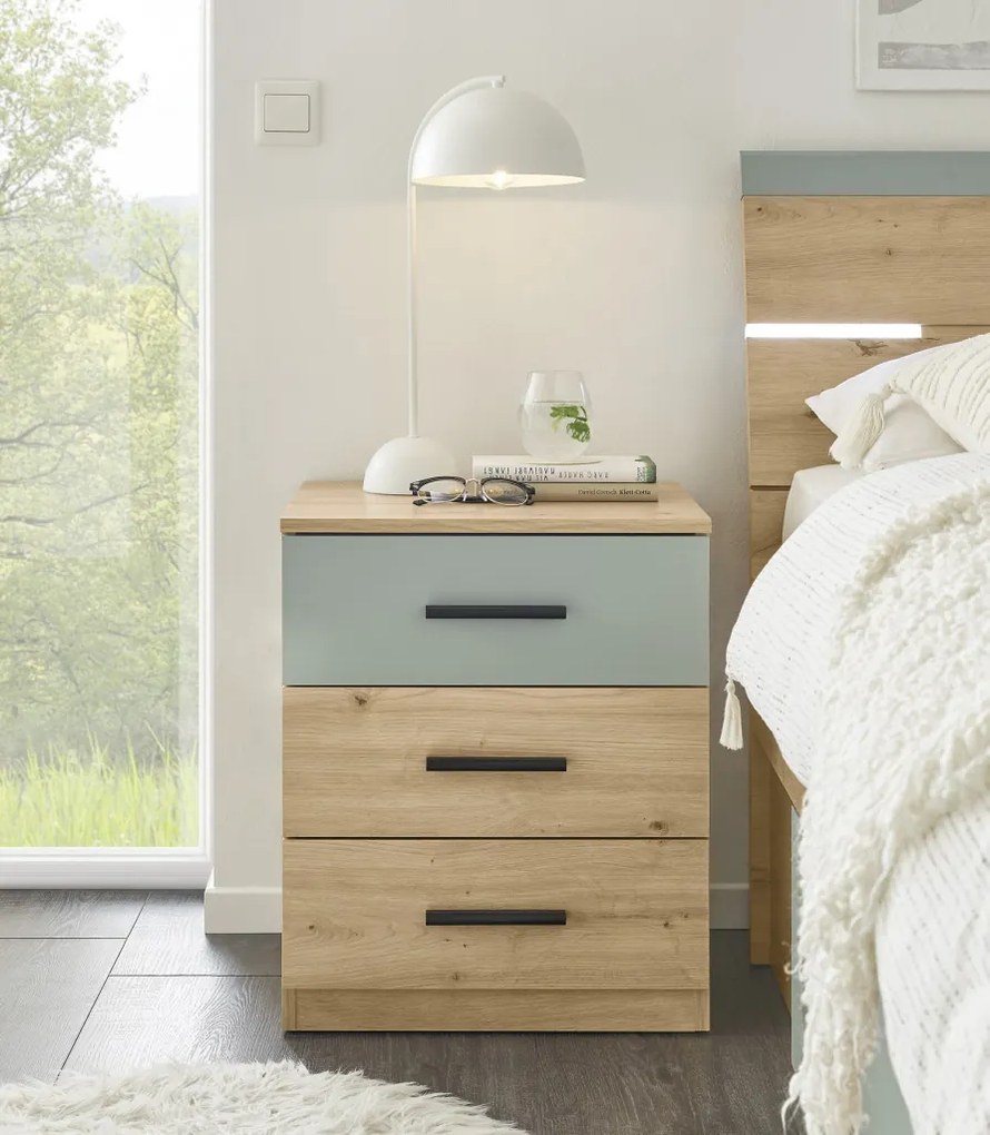 Posteľ s nočnými stolíkmi Savina 180x200 cm, dub artisan/šalviová, s osvetlením