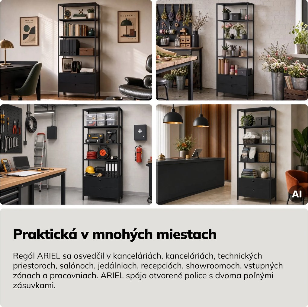 Regál so zásuvkami do kancelárie, na zakladače a dokumenty, otvorené police, kovový, čierny, 800x2200x400 mm: ARIEL