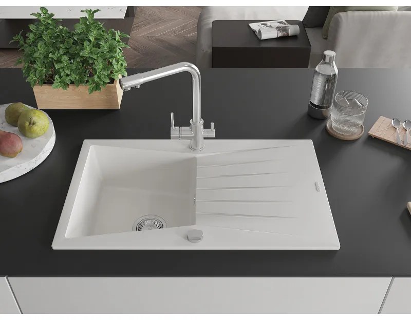 Mexen Cesar, granitový drez 775x470x190 mm, 1-komorový a chrómová batéria Duero, biela, 6514-20-671600-00