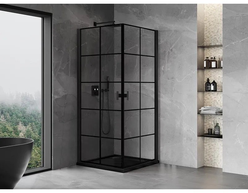 Mexen Mist-B Duo, 2-krídlový výklopný sprchový kút 100 x 100 cm, číre sklo-čierna mriežka, 8A2-100L-100P-70-77