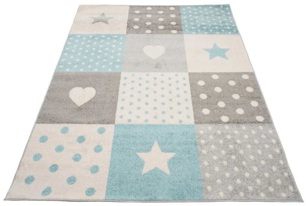 Kusový koberec AZUR srdiečka a hviezdičky - šedý/tyrkysový/biely