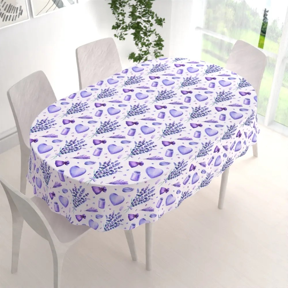Biante Dekoračný oválny obrus PML-055 Levandule a srdcia na bielom 140x180 cm