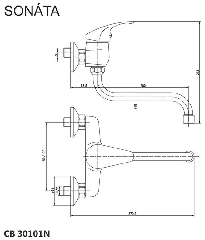 Mereo, Drezová nástenná batéria, Sonáta, s ramienkom rúrkovým pr. 18 mm - 200 mm, chróm, MER-CB301A01N