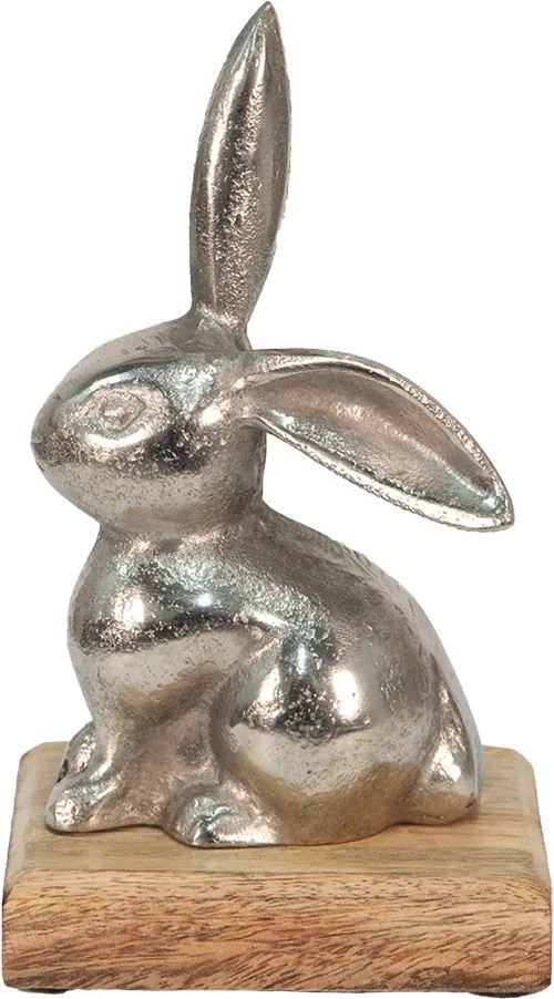 Dekorácia strieborný kovový králik na drevenom podstavci - 11*10*20 cm