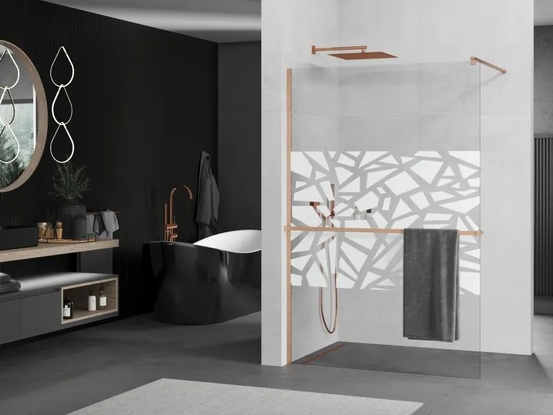 Mexen Kioto+, sprchová zástena Walk-In s poličkou a vešiakom 110 x 200 cm, 8mm číre sklo biely vzor, medený matný profil, 800-110-121-65-85