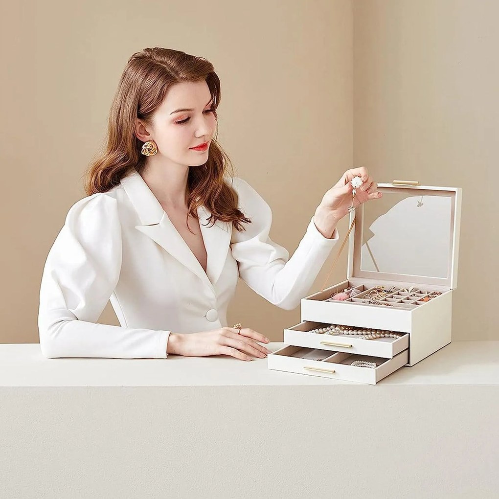 Šperkovnica so skleneným vekom, 3 úrovne, 2 zásuvky, biela