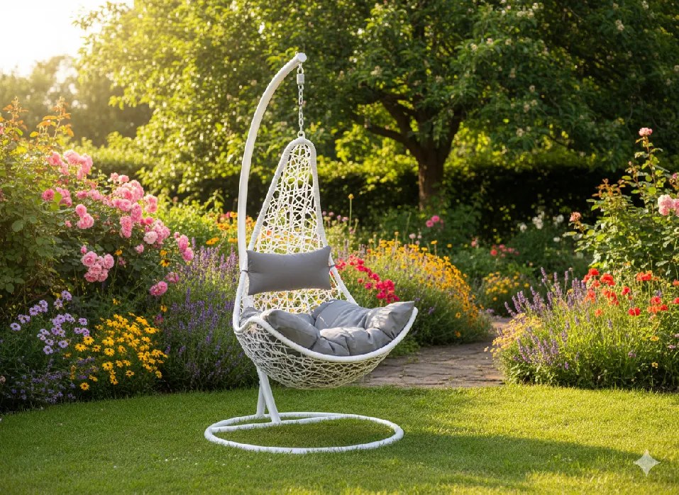 Garden Line BIELA ZÁVESNÁ STOLIČKA, VANKÚŠ – TMAVOSIVÁ, RÁM – BIELY, POLOVICA