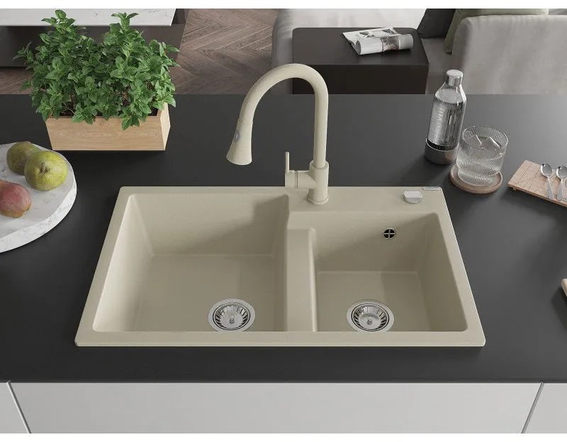 Mexen Tomas, 2-komorový granitový drez 800x500x190 mm a drezová batéria Elia, béžová, 6516-69-670101-69