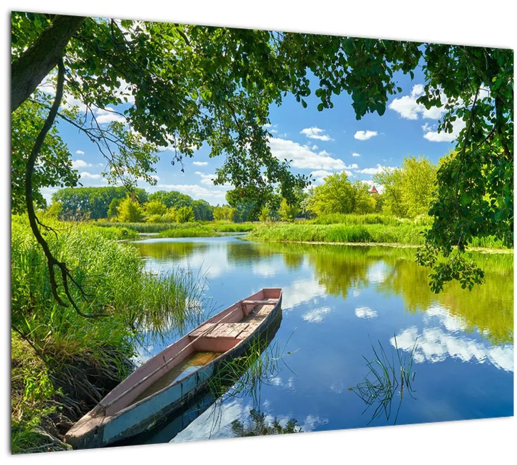 Obraz letné rieky s loďkou (70x50 cm)