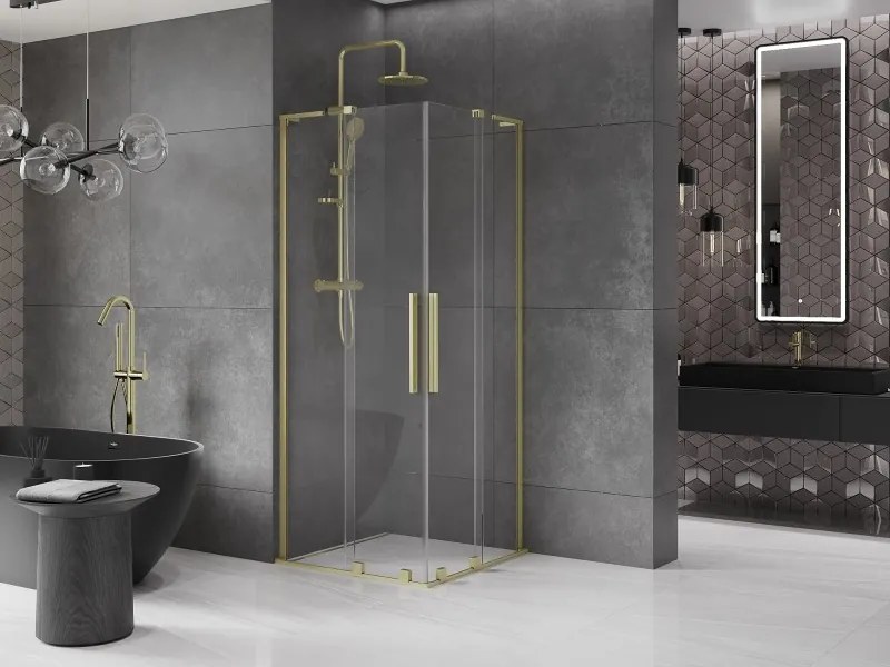 Mexen Velar L Duo, sprchový kút s posuvnými dverami 90 x 90 cm, 8mm číre sklo, zlatá matná, 871-090-090-02-03-55
