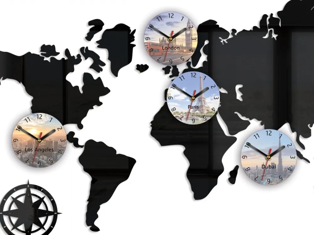 3D nalepovacie hodiny World map čierne