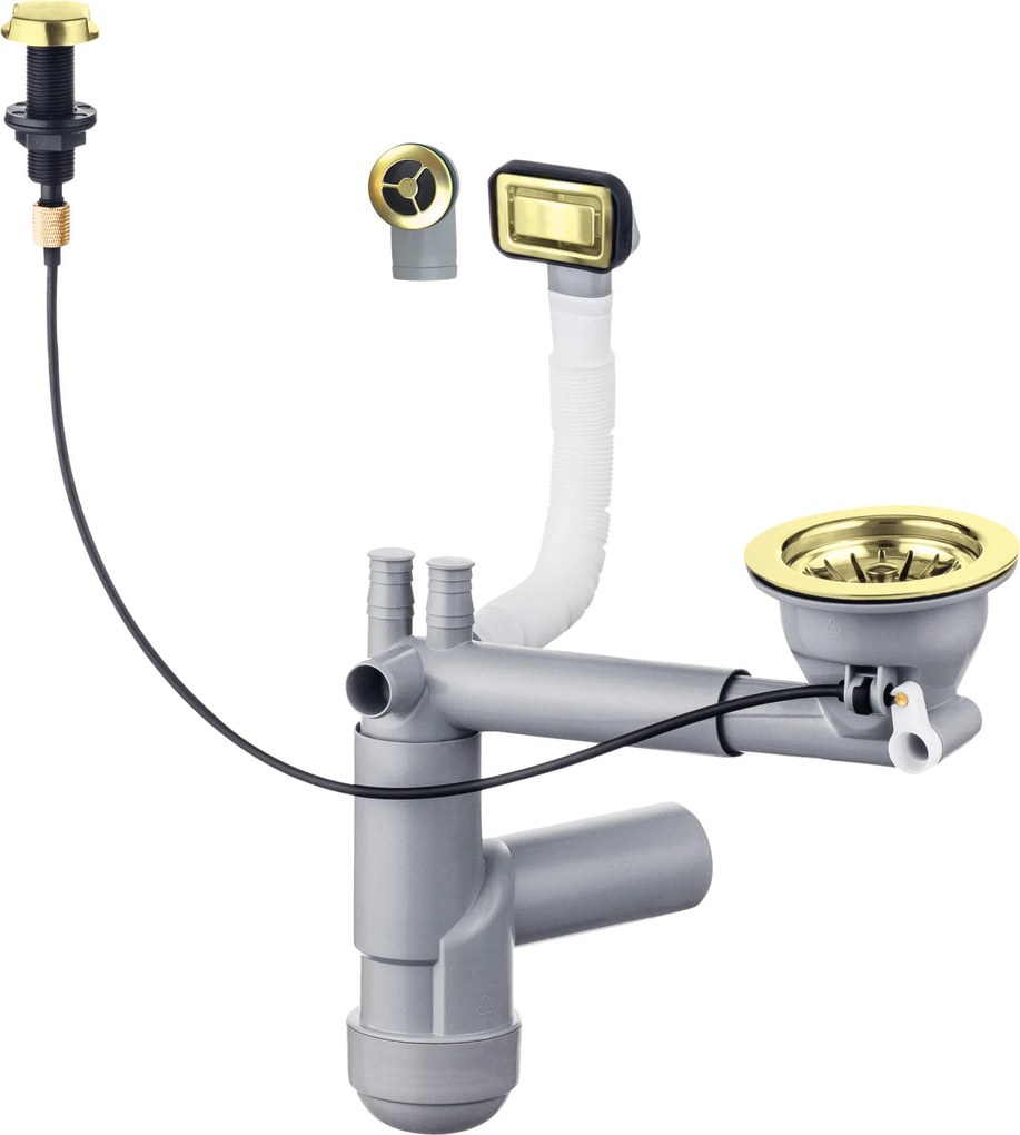 Deante Deante, priestorovo úsporný-sifón pre granitové kuchynské drezy 1-komorové, 3,5" s automatickou zátkou odpadu, zlatá, ZXY_Z911