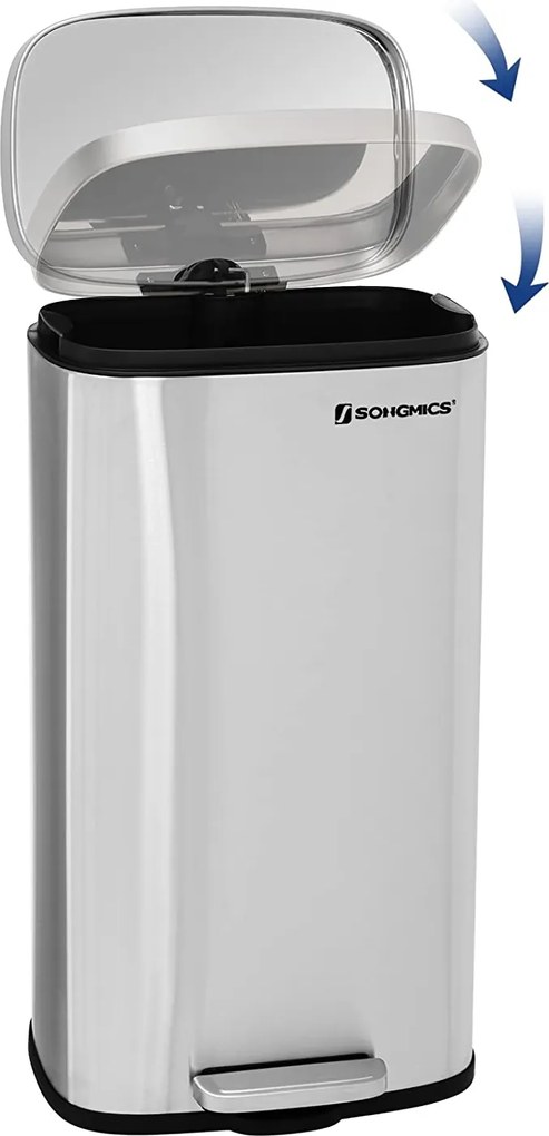 Kuchynský pedálový odpadkový kôš s 30 l plastovým vnútorným vedrom, strieborný