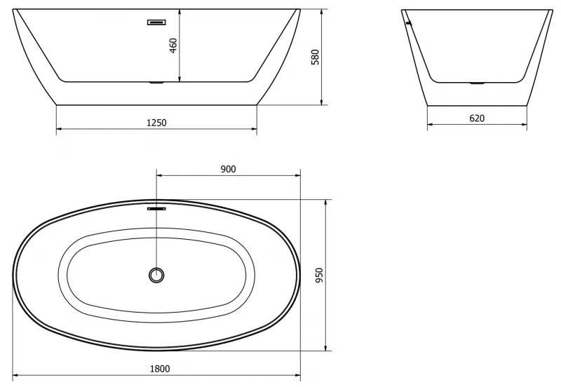 Mexen Eris, voľne stojaca vaňa 180 x 95 cm, biela, chrómový prepad, 53441809500-01