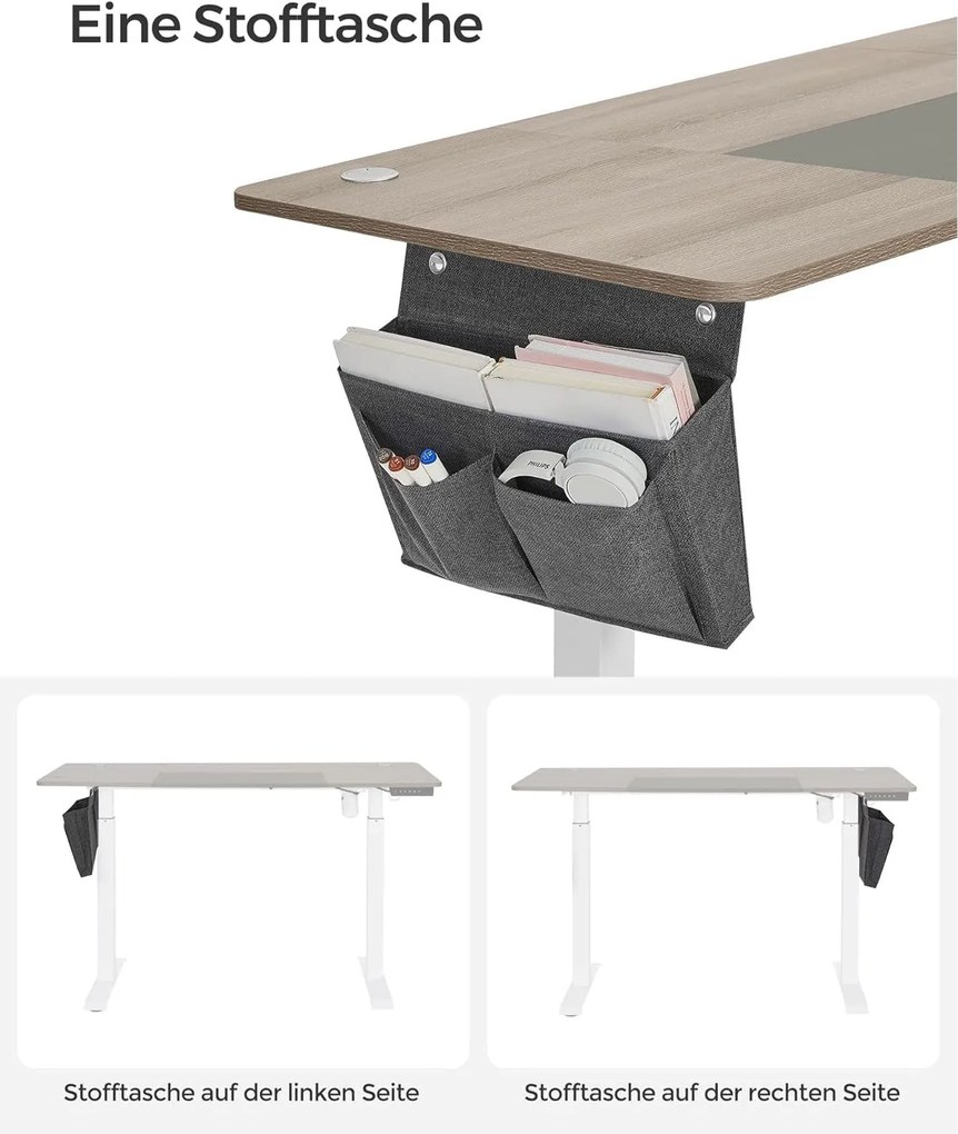 Výškovo nastaviteľný elektrický stôl, písací stôl, biela a sivá farba, 60 x 140cm