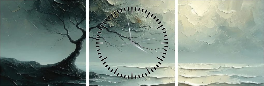 Obraz - Olejomaľba stromu s oceánom (s hodinami) (90x30 cm)