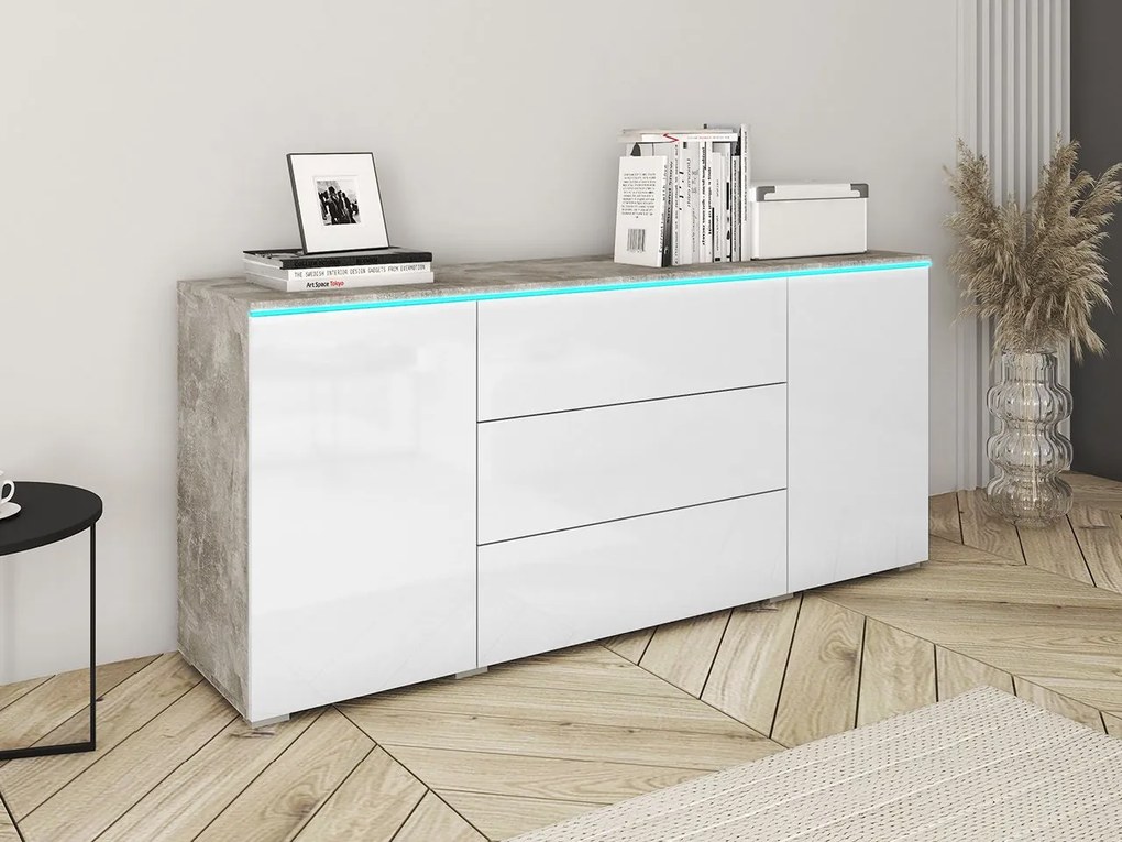 Komoda Sawoti 150, Farby: matera / biely lesk, Osvetlenie: osvetlenie LED biele