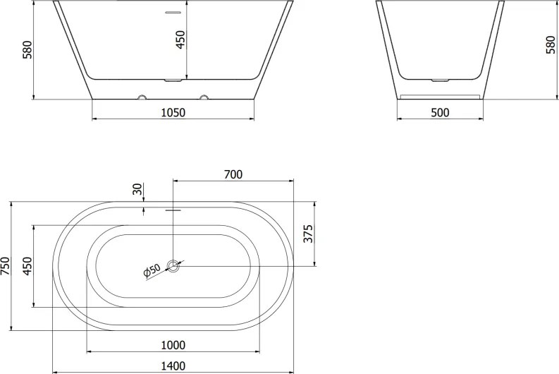 Mexen Luna, voľne stojaca vaňa 140 x 75 cm, biela, prepad brúsený grafit, 52031407500-66