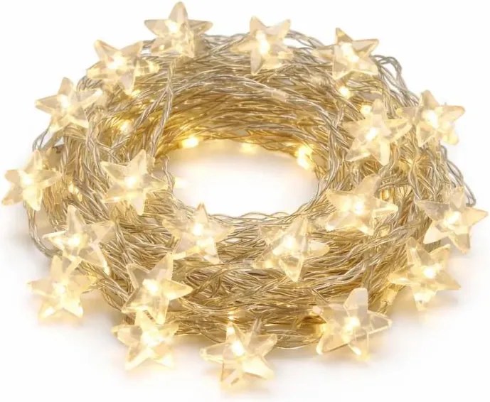 DECOLED Dekoratívny LED reťaz s hviezdičkami, 10,5 m, teplá biela, 70 diód, priehľadný kábel, IP20 – do interiéru, predlžovací