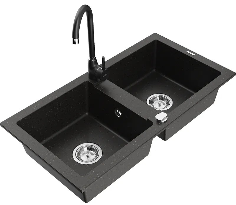 Mexen Mario, 2-komorový granitový drez 82x44 cm s kuchynskou batériou Telma, čierna-zlatá, 6504-75-670200-70