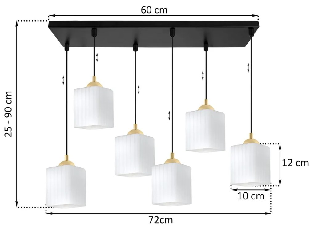 Závesné svietidlo Riffle Square, 6x biele sklenené tienidlo, b/g