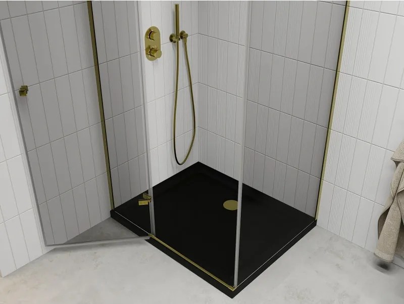 Mexen Roma, sprchovací kút s 1-krídlovými dverami 100 (dvere) x 90 (stena) cm, 6mm číre sklo, zlatý profil, slim sprchová vanička 5cm čierna, 854-100-090-50-00-4070G