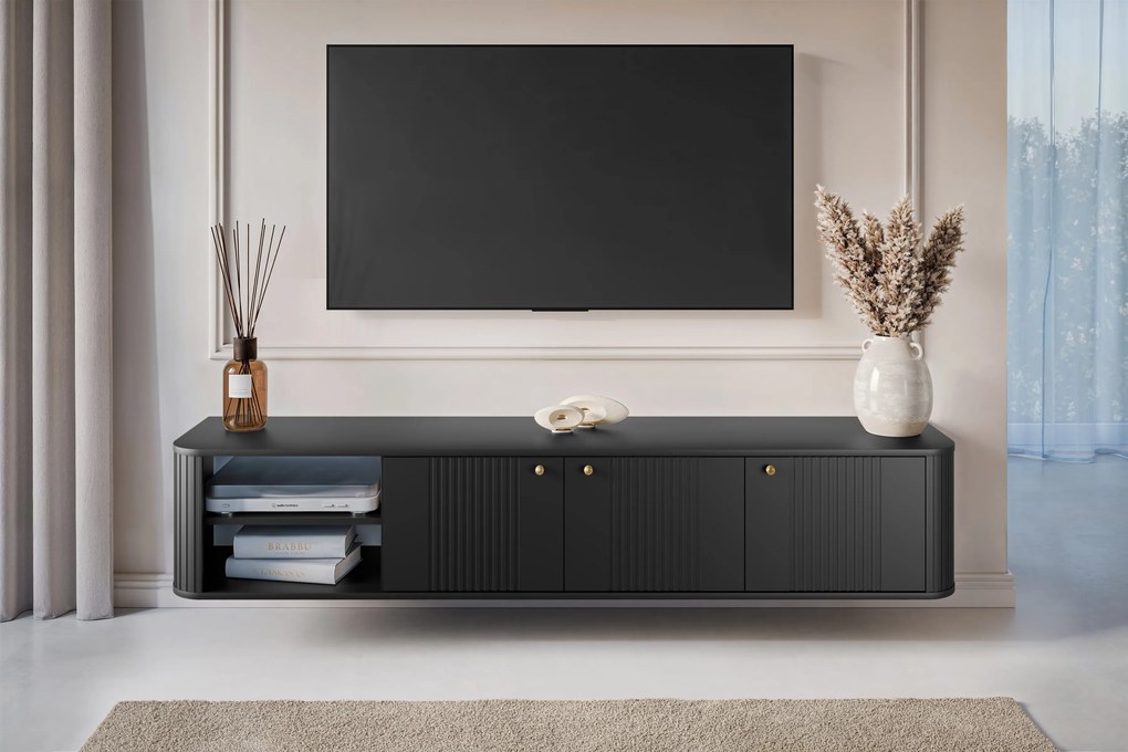 Závesná TV skrinka Vespera 3D 187 cm - čierna / zlatá