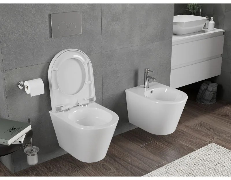 Mexen Rico, závesná WC misa 490x360x370 mm, Rimless Tornádo + WC sedadlo z duroplastu, biela lesklá, 30720200T