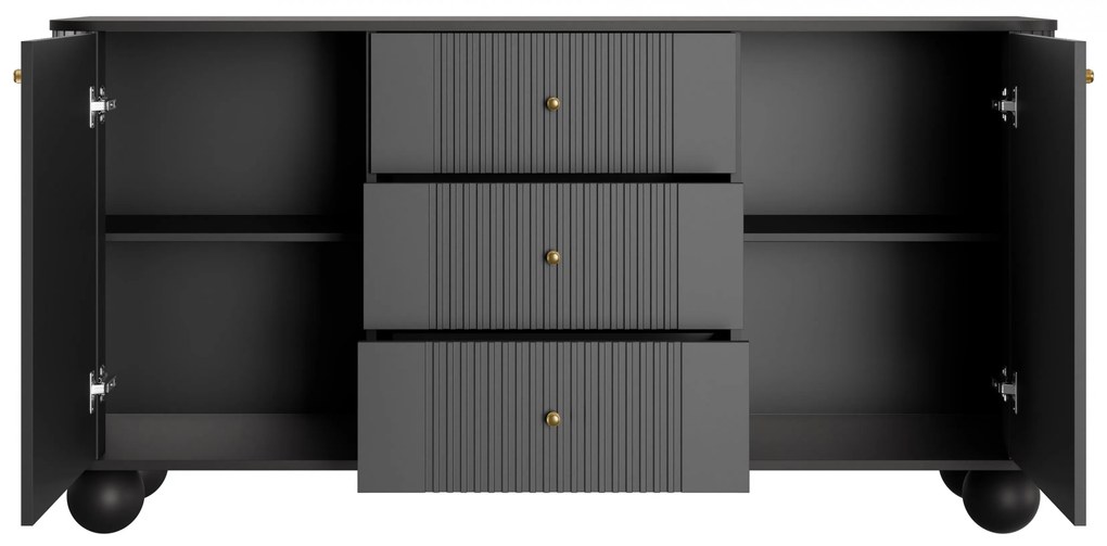 Komoda so zásuvkami Vesper 160 cm - čierna / zlaté úchytky / guľaté nohy