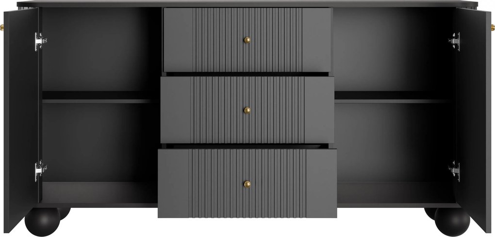 Komoda so zásuvkami Vesper 160 cm - čierna / zlaté úchytky / guľové nohy