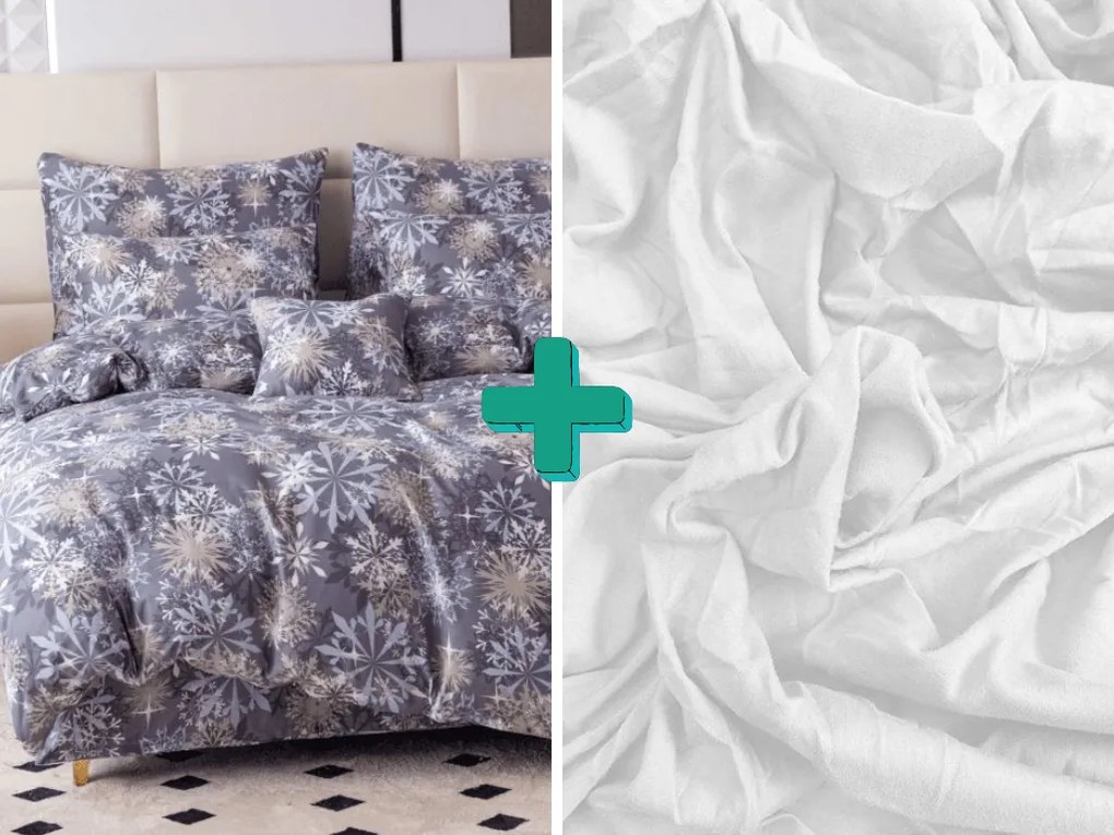 Sada 2ks obliečok z mikrovlákna SNOWFLAKE modrosivé + plachta Jersey 180x200cm biela, dvojlôžko