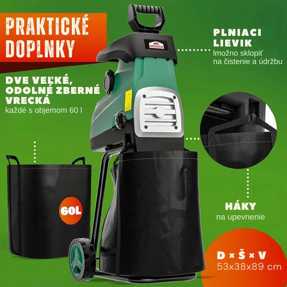 Záhradný štiepkovač/drvič DIOX+2x 60l vrece, 3100W čierna/zelená Gardebruk
