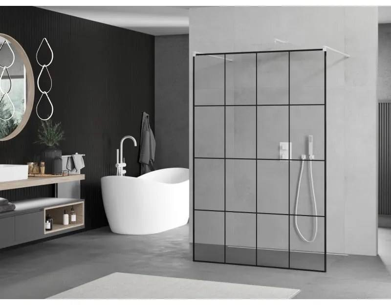 Mexen Kioto, sprchová zástena Walk-In 160 x 200 cm, 8mm sklo čierny vzor, biely profil, 800-160-002-20-77