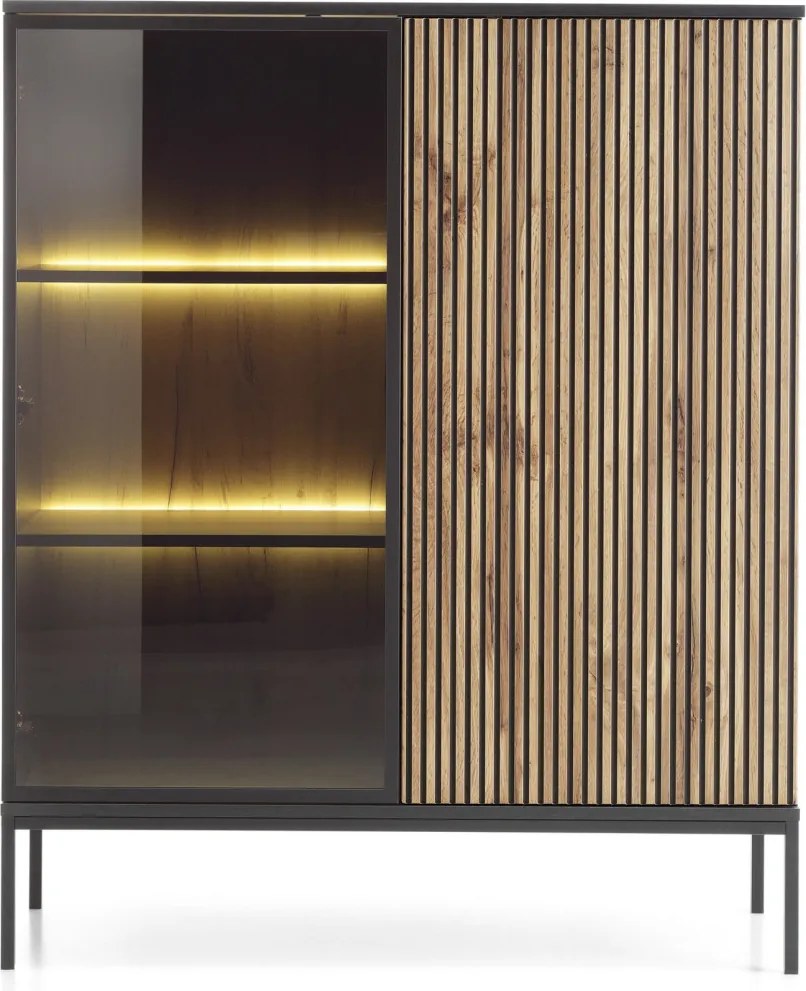 Skrinka s vitrínou Sento, čierna/dub wotan, s osvetlením