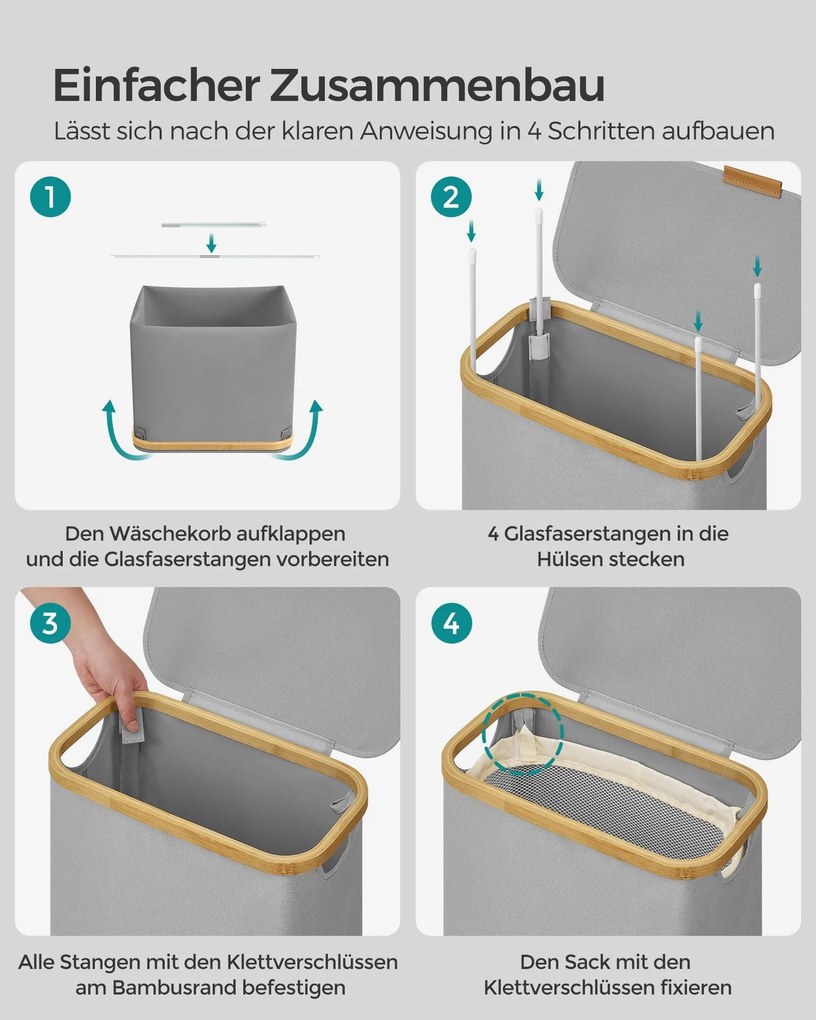 Kôš na prádlo s viečkom, úzky kontajner na prádlo 65 L, 42 x 22,5 x 70,5 cm, holubia šedá