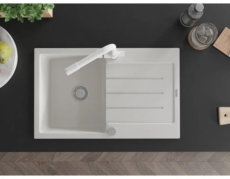 Mexen Bruno, 1-komorový granitový drez s odkvapkávačom 795x495x200 mm a biela batéria Duero, biela, 6513-20-671600-20