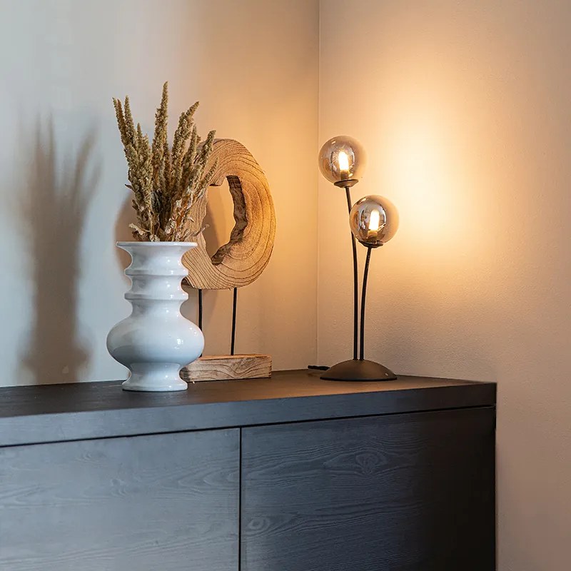 Moderná stolná lampa čierna 2-svetlá s dymovým sklom - Atény