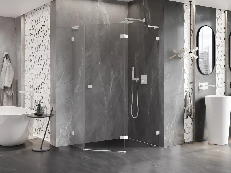 Mexen Lunar, L pravý výklopný päťuholníkový sprchový kút 90 x 80 cm, 8mm číre sklo, biely profil, 831L-090P-080L-20-00-P